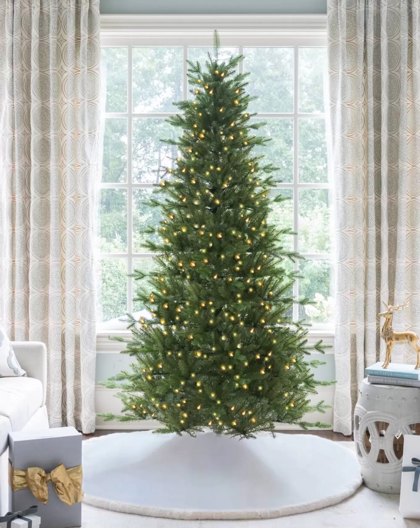 King Of Christmas 12' Alpine Fir Slim Artificial Christmas Tree 1400 Warm White LED Lights- Realistic | Slim