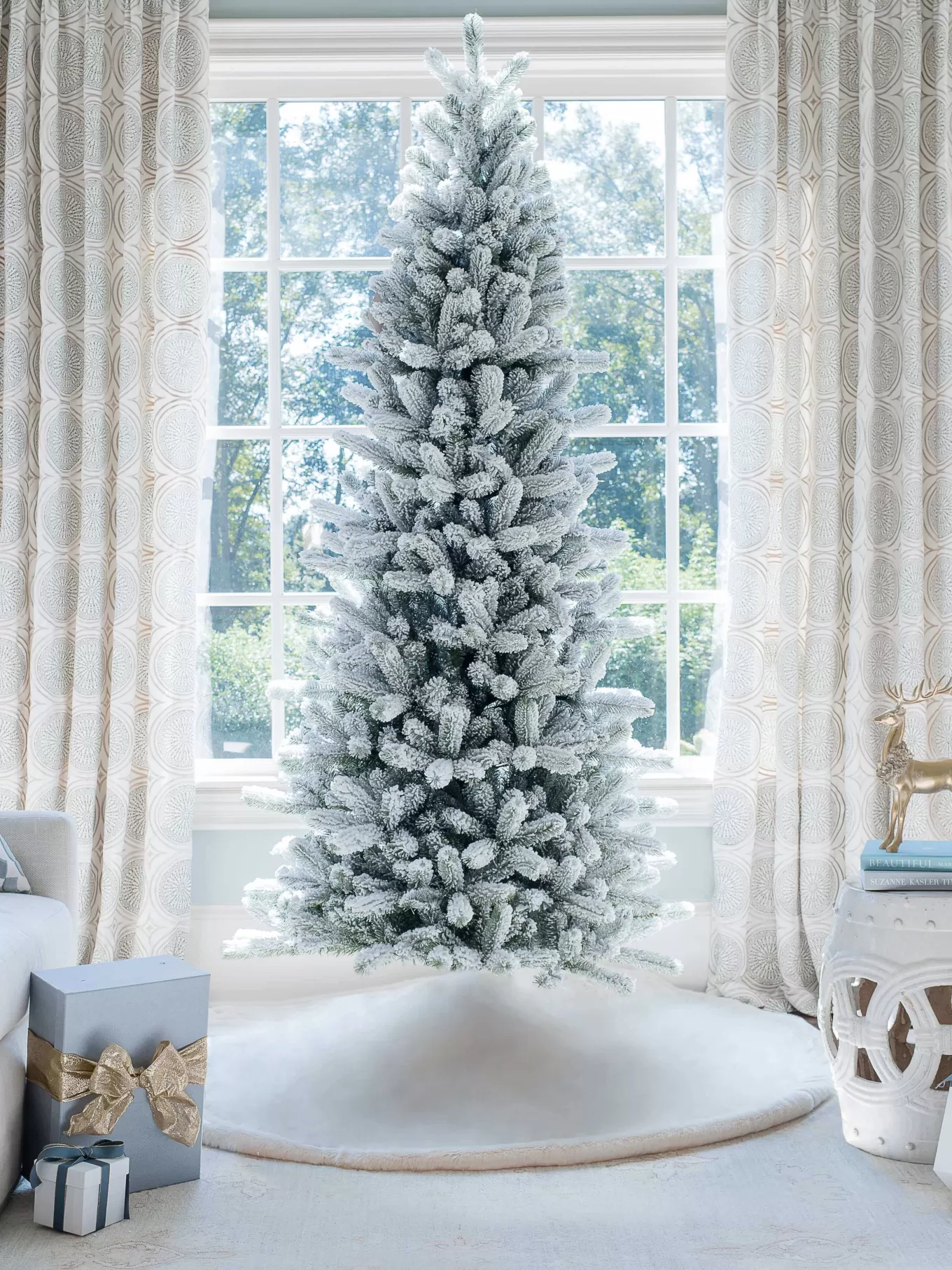 King Of Christmas 12' King Flock® Slim Artificial Christmas Tree With 1250 Warm White LED Lights- Realistic | Slim