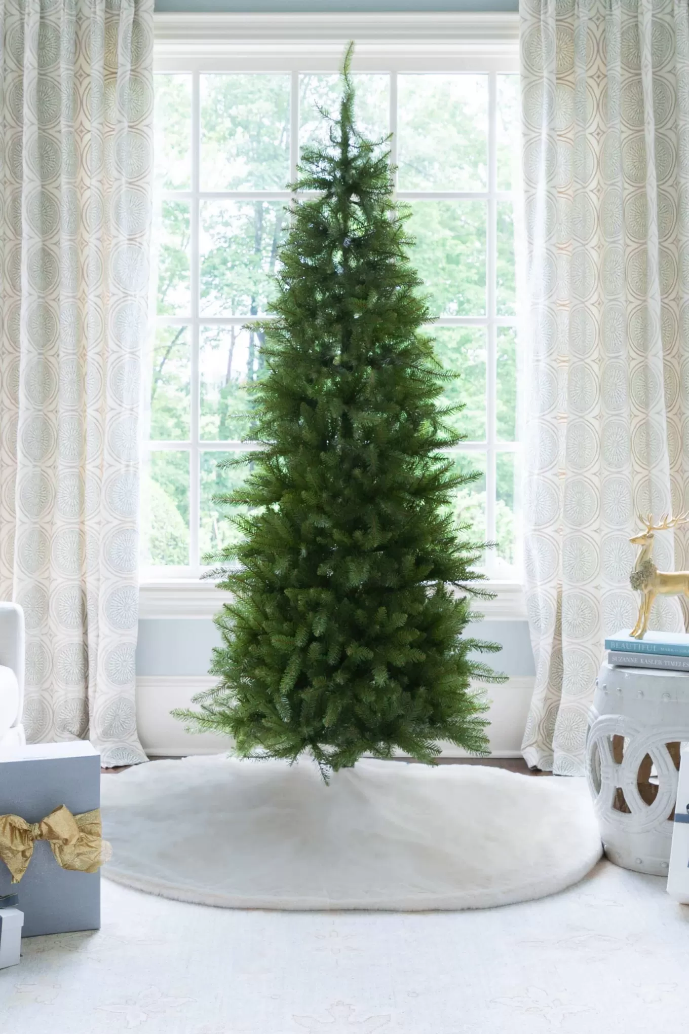 King Of Christmas 6.5' Yorkshire Fir Slim Artificial Christmas Tree With 400 Warm White LED Lights- Classic | Pre-Lit
