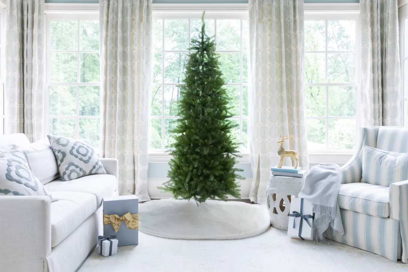 King Of Christmas 6.5' Yorkshire Fir Slim Artificial Christmas Tree With 400 Warm White LED Lights- Classic | Pre-Lit