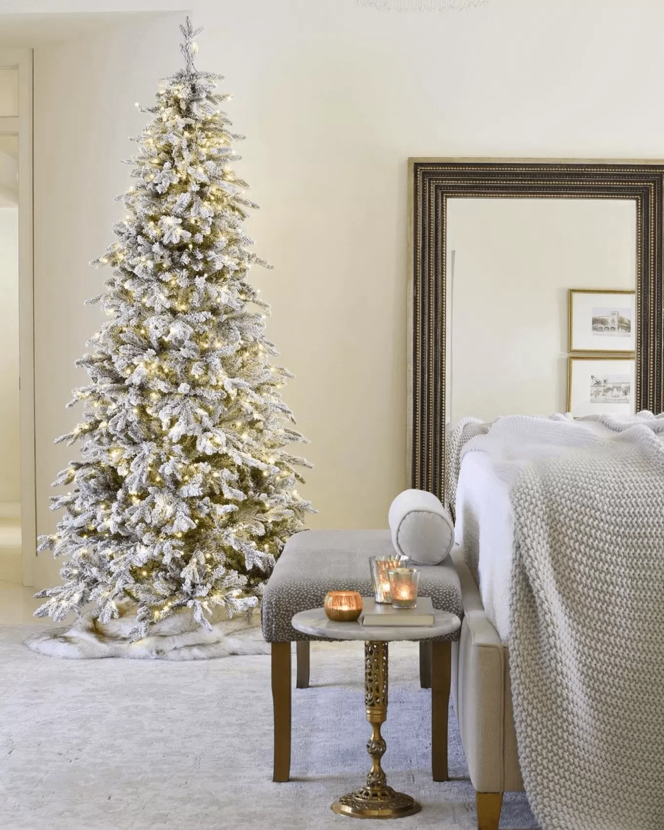 King Of Christmas 7.5' Queen Flock® Slim Artificial Christmas Tree With 650 Warm White LED Lights- Realistic | Slim