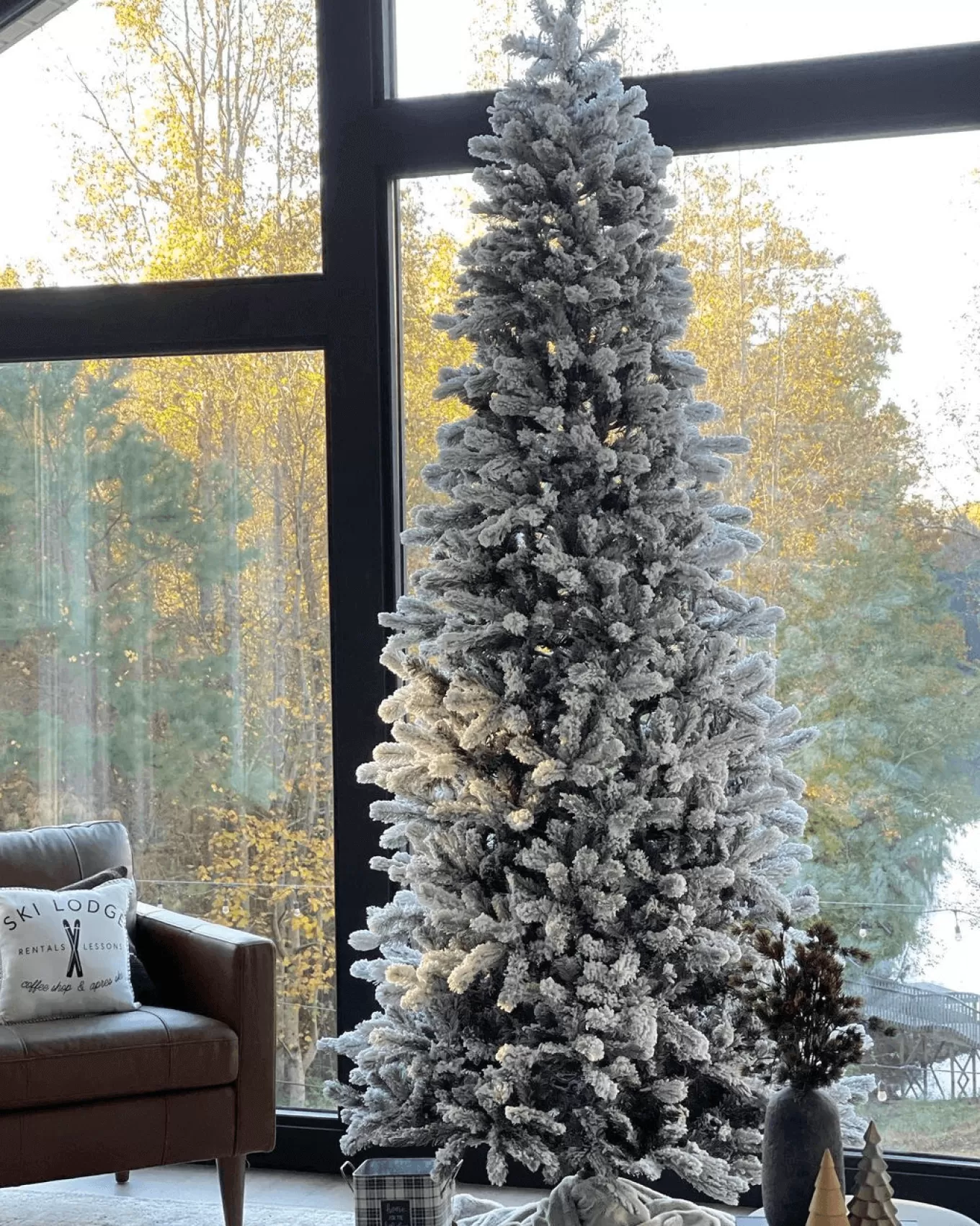 King Of Christmas 8' King Flock® Slim Artificial Christmas Tree With 700 Warm White LED Lights- Realistic | Slim