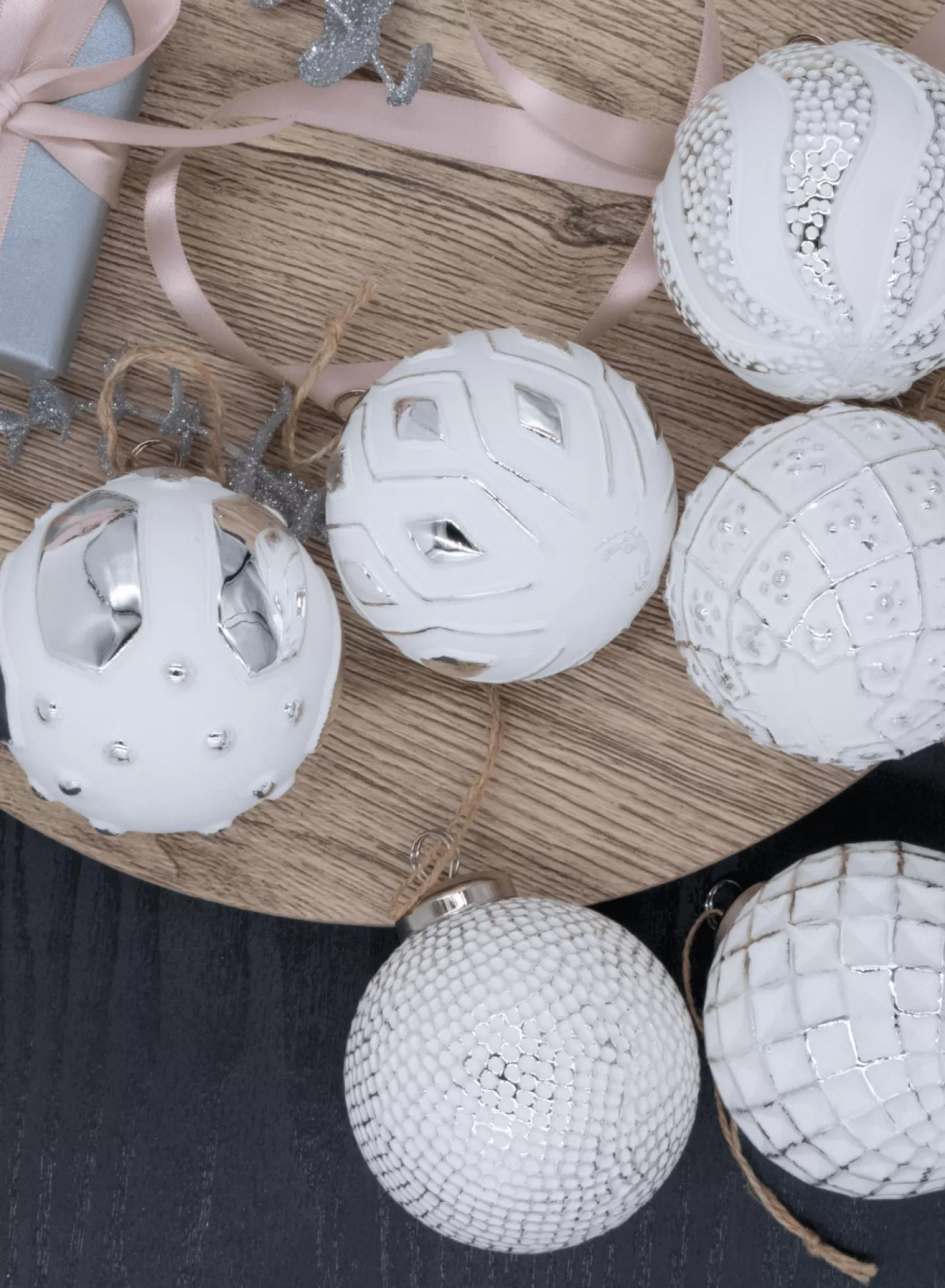 King Of Christmas Distressed White Glass Ornament Set (6 Pack)- Ornaments